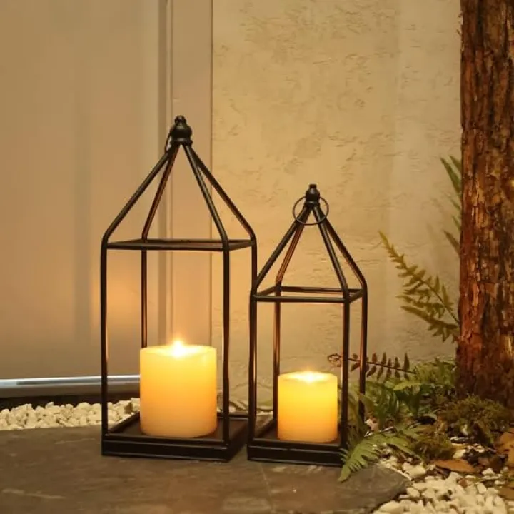 DECORKEY Luxury Lantern Decorative Outdoor&Indoor, Set of 2 (18’’&14’’) Black Metal Lanterns Decor, Vintage Hanging Candle Holder for Home Porch Wedding Centerpiece,Halloween Christmas Decorations