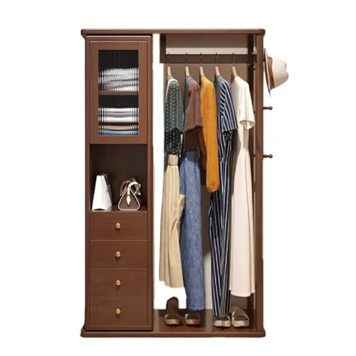 WAOCEO Full Body Mirror Solid Wood Clothes Hanger Floor-Standing Dressing Mirror Integrated rotatable Coat Rack Simple Home Bedroom Multi-Functional Storage Rack Floor Mirror