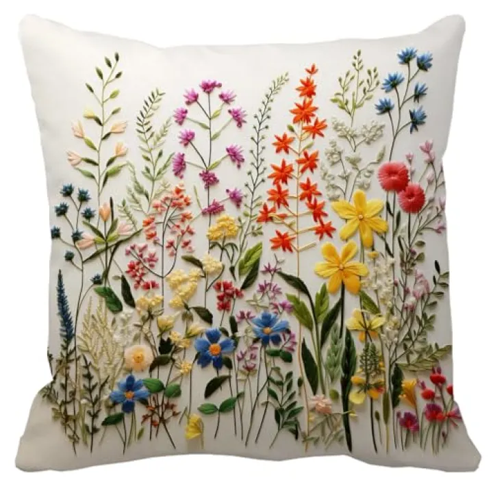 Leaveland Wildflower Faux Embroidery Print 18x18 Inch Throw Pillow Cover Boho Embroidered Floral Decorative Soft Cushion Case Spring Summer Fall Christmas Home Decor Gift Sofa Luxury Flower Pillowcase