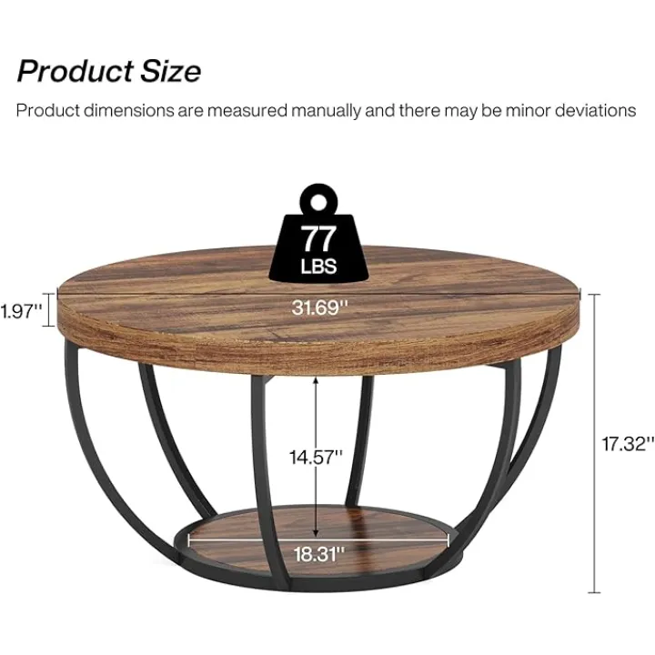 Tribesigns Round Coffee Table, 31.7" Wooden 2-Tier Circle Coffee Table with Storage Shelves, Modern Accent Cocktail Table Center Table for Living Room, Rustic Brown