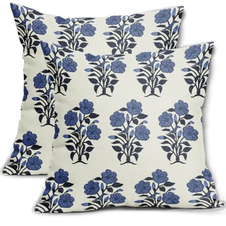 Navy Blue Floral Throw Pillow Covers 18x18 Dark Blue Chinoiserie Flowers Leaves Birds Monsoon Decorative Pillows Outdoor Linen Farmhouse Cushion Case Pillowcase for Sofa Bed Room Decor Set of 2