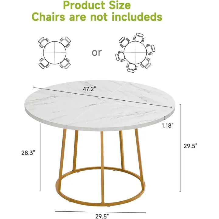 Round Dining Table, 47.24 Inch Kitchen Table for 4-6 People, Wooden Faux Marble Dinner Room Table with Gold Base, Circle Modern Small Table for Home Dining Room Kitchen Restaurant (White)
