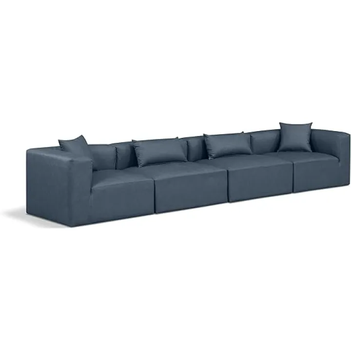 Meridian Furniture 668Navy-S144B Cube Collection Modern | Contemporary Modular Sofa with Soft Navy Blue Vegan Leather, Modular to Create Infinite Configurations, 144" W x 36" D x 26" H, Blue