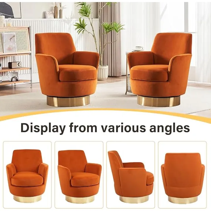 Swivel Barrel Chair,Modern Velvet Upholstered Round Swivel Accent Chairs with Tall Backrest,360 Degree Single Sofa Chair Armchair for Living Room, Orange