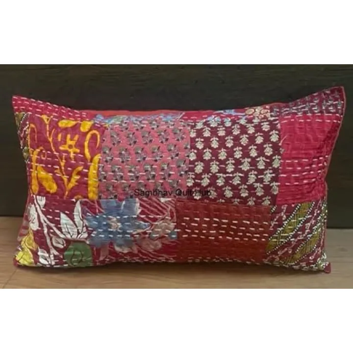 Handmade Vintage Silk Sari Patchwork Kantha Quilt Sofa Throw Vintage Home Decorative Lumbar Boho Throw Pillow Cover (Red, 20X12 inch)