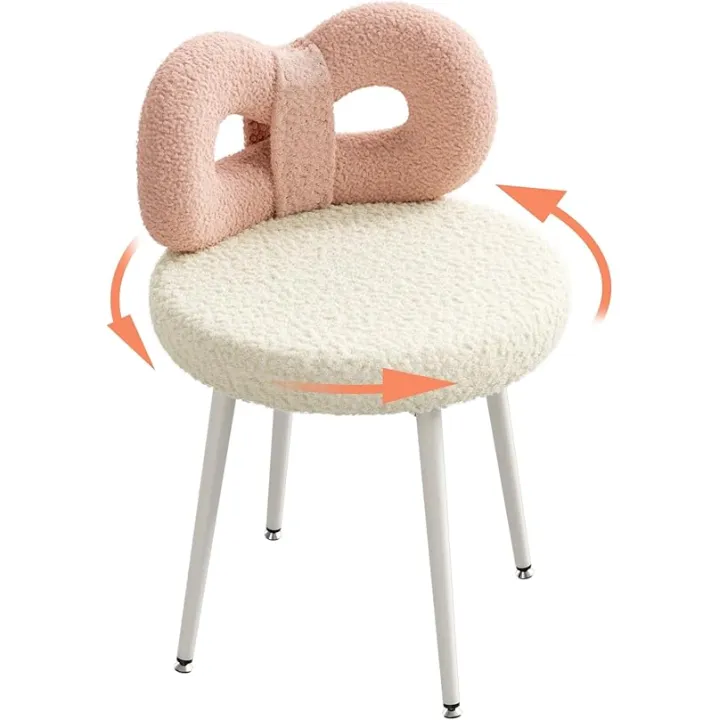 ROOMTEC Swivel Vanity Chair, No Wheels Makeup Pink Chair for Girl, Upholstered, Cute Bow Backrest for Bedroom and Living Room