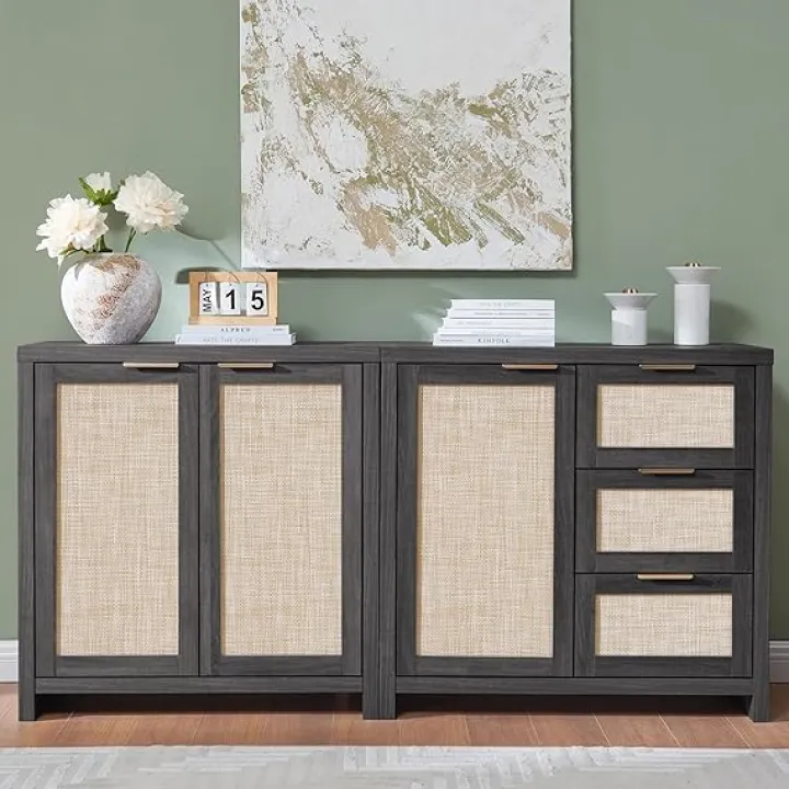 Hampstead Storage Set, Rattan Sideboard Buffet With 3 Doors and 3 Drawers, 65.4" Large Kitchen Console Cabinet for Living Room Hallway