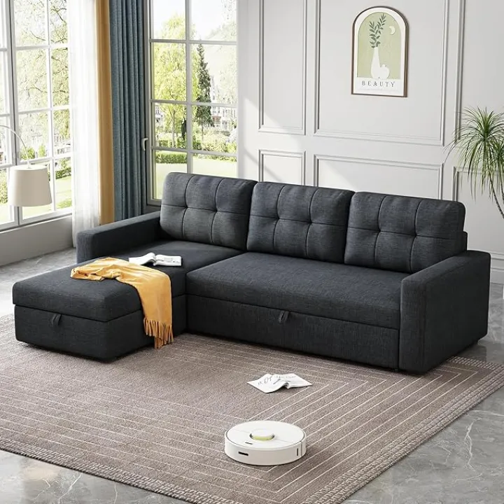 81.5'' L-Shape Sleeper Sectional Sofa with Storage Chaise and Pull, Living Room Convertible Couch Bed,W/ 3 Back Cushions & Breathable Fabric,for Apartment,Office,Dark Grey
