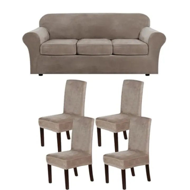 H.VERSAILTEX 4 Pieces Stretch Sofa Covers for 3 Cushion Couch Covers Bundle Dining Room Chair Slipcovers Set of 4, Taupe