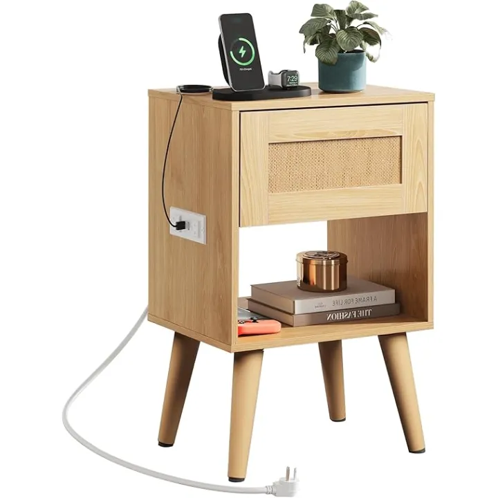 WLIVE Rattan Nightstand with Charging Station, Boho Night Stand, Small Bedroom Side Table, End Table with Drawer and Storage, Wood Bedside Tables for Bedroom, Small Spaces, Natural Oak