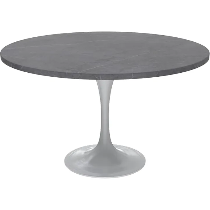 LeisureMod Verve Modern 48" Round Dining Table with Sintered Stone Tabletop in White Steel Pedestal Base for Kitchen and Dining Room (Grey)