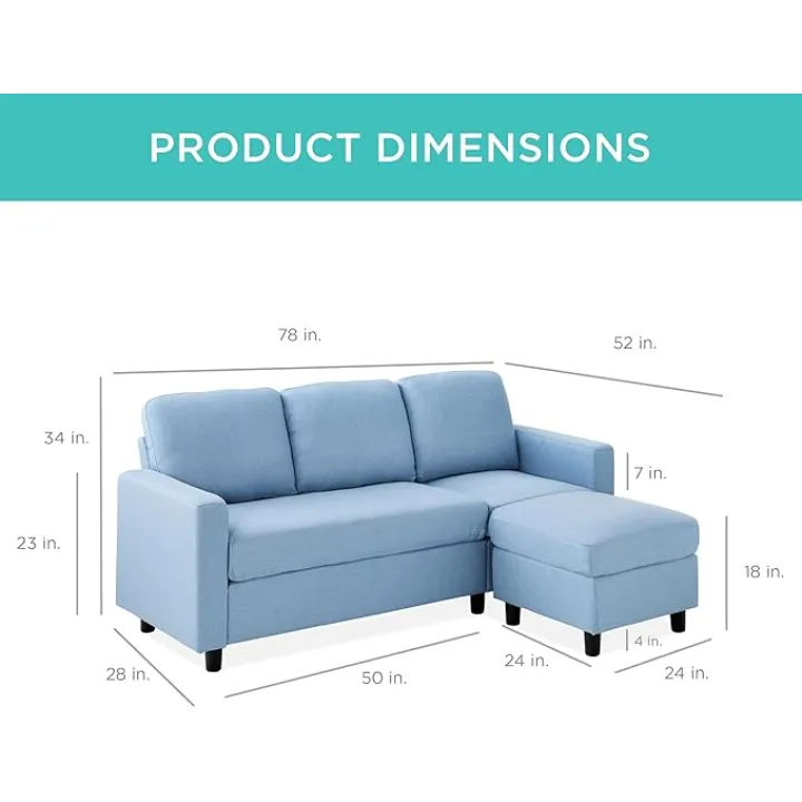 Best Choice Products Upholstered Sectional Sofa for Home, Apartment, Dorm, Bonus Room, Compact Spaces w/Chaise Lounge, 3-Seat, L-Shape Design, Reversible Ottoman Bench, 680lb Capacity - Light Blue