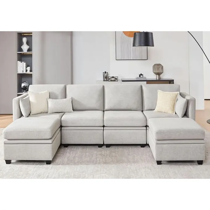 Modular Sectional Sofa with Storage, U Shaped Sectional Couch for Living Room, Convertible Modular Sofa Couch with Ottomans, High Supportive & Soft Sponge, 6 Seat, Grey