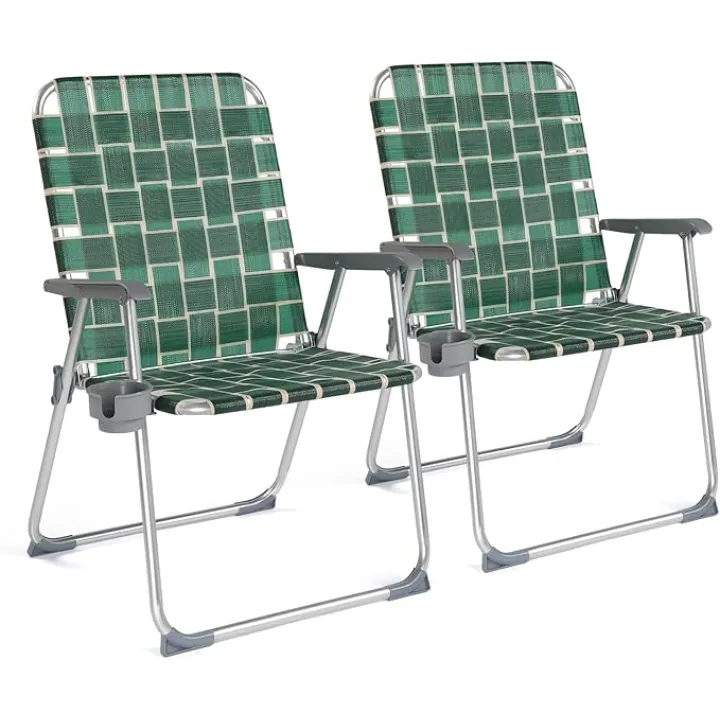 VINGLI Folding Webbed Oversized Lawn Chairs with Detachable Cup Holder, 300 LBS High Beach Chair for Adults Heavy Duty, Portable Aluminum Patio Chair for Yard, Garden, 2 Pack,Dark Green