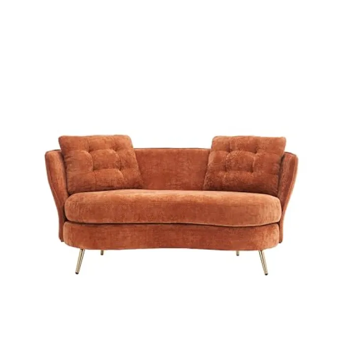 RENDGO Velvet Loveseat Sofa, 64.2'' Mid Modern Small Love Seats with 2 Pillows & Golden Legs Comfy Couch for Living Room, Upholstered 2 Seater Sofa for Small Apartment (Orange)