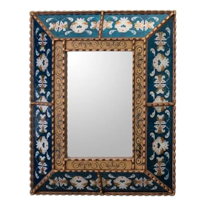 NOVICA Turquoise Blue Glass Colonial Wall Mounted Mirror from Peru 'Teal Colonial Garden'