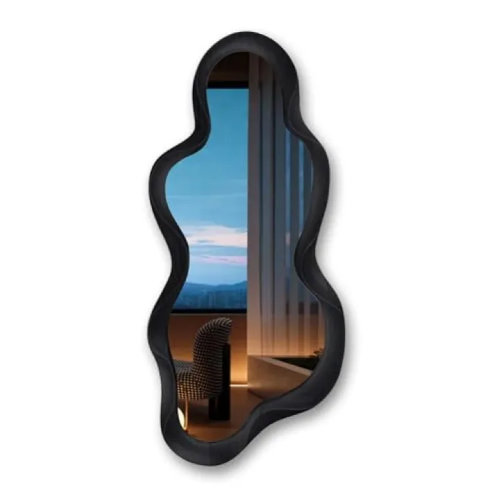 osemy 30"x 14" Irregular Wall Mirror, Wooden Black Framed Wall Asymmetrical Wavy Mirror for Living Room Bedroom Entryway Bathroom Modern Decorative with Hanging Hooks