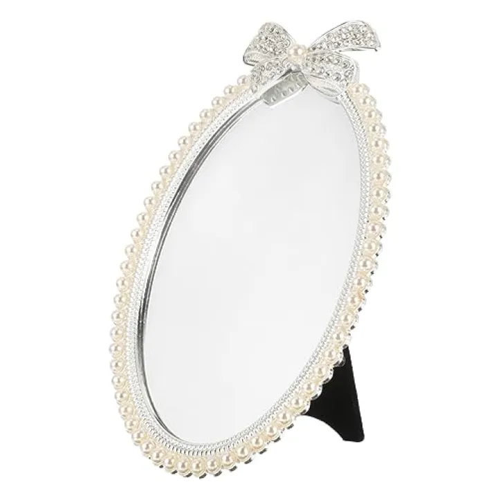 DOITOOL Elegant European Metal Mirror Large Vanity Mirror Silver Frame Pearl Trim for Dressing Table or Living Room