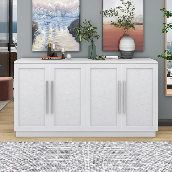 Sideboard with 4 Doors Large Storage Space Buffet Cabinet with Adjustable Shelves and Silver Handles White