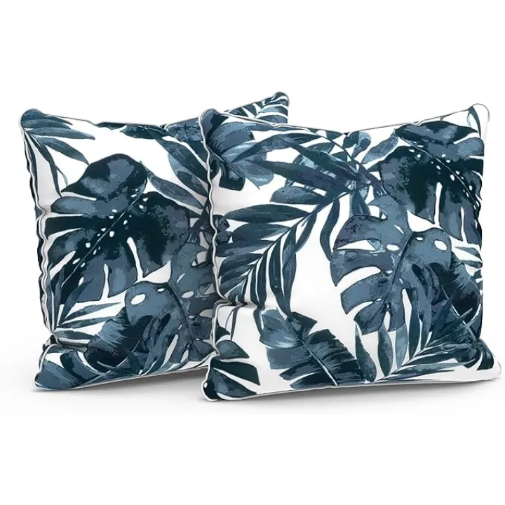 LVTXIII Set of 2 Patio Throw Pillows Waterproof 16"x16" Fade Resistant Outdoor Throw Pillows with Inserts, Fluffy Decorative Garden Toss Pillow Cushions for Home Patio Coach Sofa Use, Palms Blue
