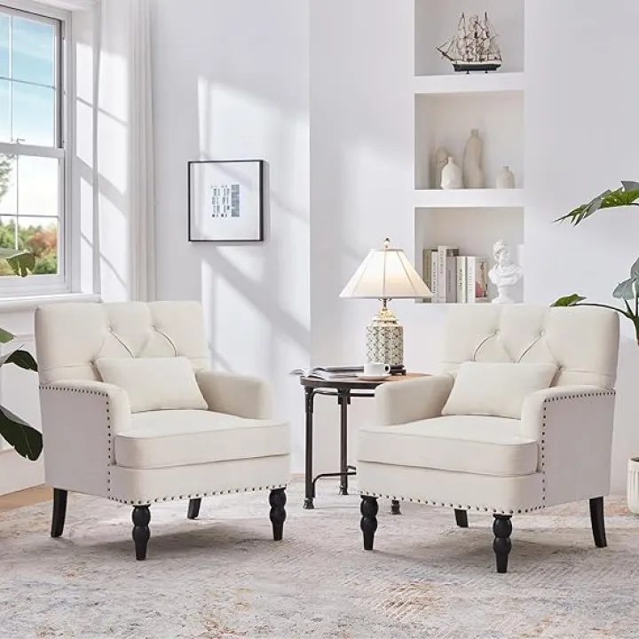 HUIMO Tufted Club Chair Set of 2 with Lumbar Pillow,Accent Chair Upholstered Button Armchair, Linen Fabric Sofa Chairs for Bedroom, Living Room, Mid Century Modern Reading Chair,Beige