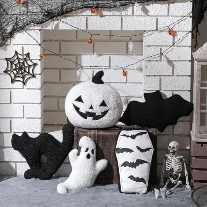 Beeveer 5 Pcs Halloween Shape Pillow Spooky Ghost Plush Soft Bat Coffin Cushion Pumpkin Throw Pillow for Halloween Party Friends Gift Living/Dining Room