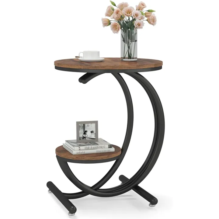 LITTLE TREE Faux Marble Side Table, Modern 2-Tier Round End Table with C-Shaped Frame for Living Room Bedroom Small Spaces