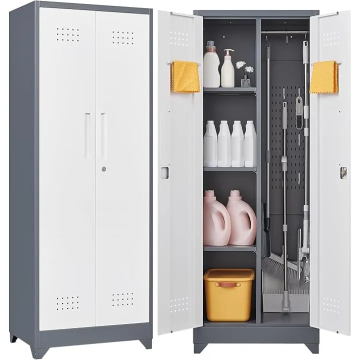 GREATMEET Broom Storage Cabinet, 65" Metal Utility Closet for Brooms and Mops, Cleaning Supply Cabinet with Pegboard, Multifunctional Metal Garage Mop Storage Closet, Grey&White