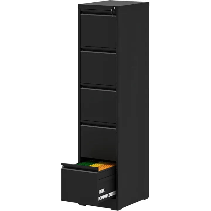 AQY 5 Drawer File Cabinet with Lock, Metal Black Filing Cabinets for Home Office, 18" Deep Heavy Duty Vertical Storage Cabinet for Hanging A4/Letter/Legal Size Files, Assembly Require