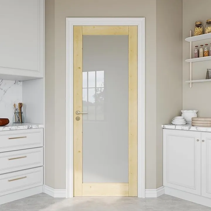 30" x 80" Pine Wood Slab Door, Frosted Glass Interior Doors, Single Room Door for Closet & Bedroom, Farmhouse Style as Prehung, Pocket, Bifold, Barn Doors, Easy DIY Stain, Shaker w/o Hardware