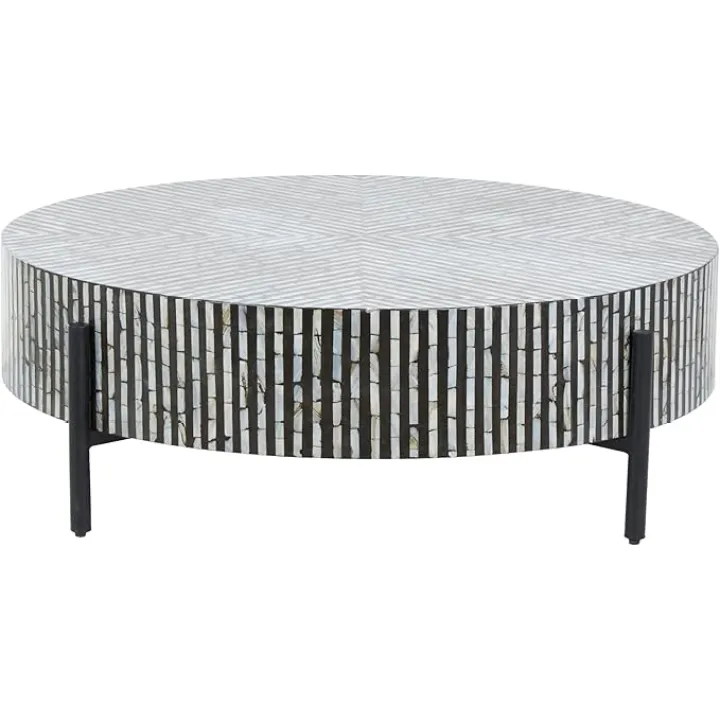 Deco 79 Mother of Pearl Shell Geometric Living Room Coffee Table Round Table with Black Metal Legs, Center Table 38" x 38" x 12", Gray