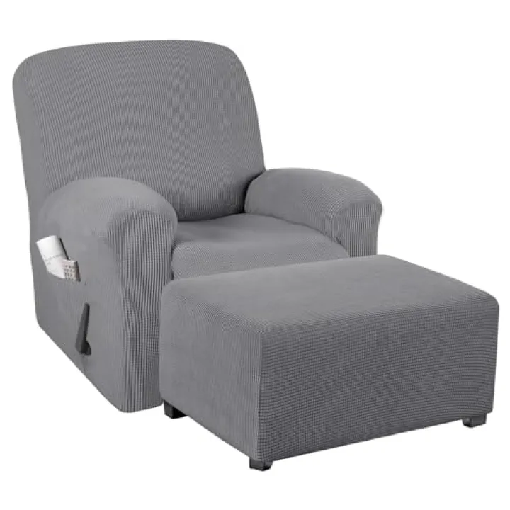 PrinceDeco Stretch 1 Piece Recliner Slipcover Bundle Stretch Large Size Ottoman Cover Slipcovers Thick Checked Jacquard Fabric with Elastic Bottom, Grey
