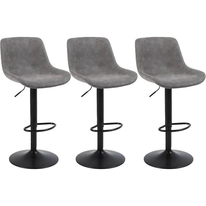 Bar Stools, Swivel Counter Height Barstools with Back, Adjustable Modern Bar Chairs, Tall Armless PU Leather Kitchen Island Stool (Grey, Set of 3)