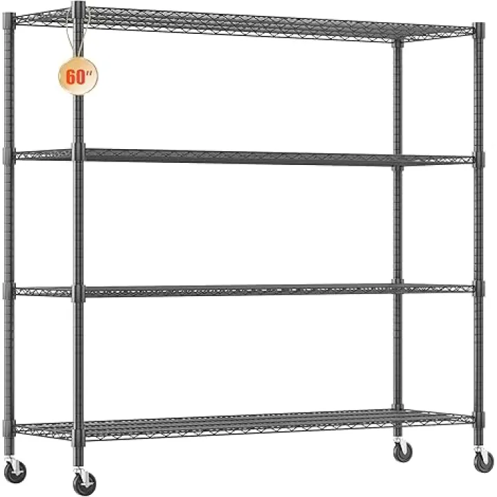 Homdox 60”W Storage Shelves, 4 Tier Heavy Duty Wire Shelving Unit with Wheels, 2400LBS Commercial Adjustable Metal Shelves for Storage, Garage Rack Pantry Shelves Kitchen Shelving, 24"x60"x72", Black