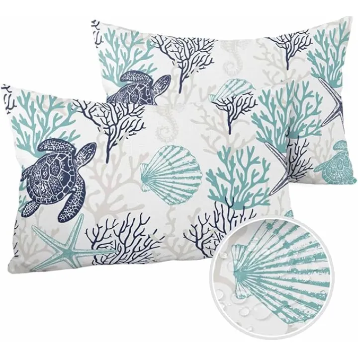 Pack of 2 Outdoor Pillow Covers 20x12 Waterproof Ocean Coral Turtle Throw Pillow Covers, Decorative Pillowcases Auqa Navy Blue Summer Coastal Seahorse Shell Cushion Covers for Patio Garden Pillow Case