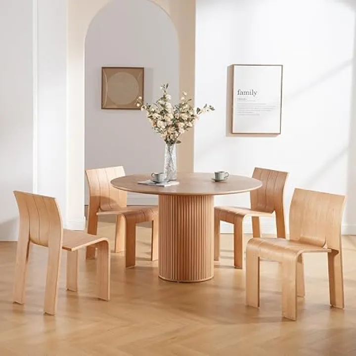 Natural Wood Frame Modern Dining Chairs Set of 4, Boho Accent Dining Chair Kitchen Chair Armless Side Chair for Living Room/Dining Room/Small Space/Apartment (No Assembly Required)