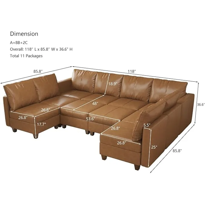 EASE MOOSE Faux Leather Sectional Sofa, U Shaped Faux Leather Modular Sofa with Storage Ottomans, Modular Sectional Couch with Reversible Chaises for Apartment