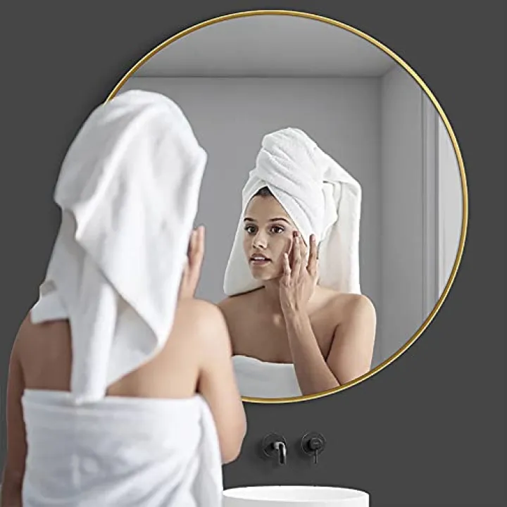 Circle Makeup Mirror Makeup Mirror Round Wall Mounted Vanity Mirror Chrome Wall-Mounted Large Metal Frame Decor Mirror for Bathroom Living Room Dressing Room Bathroom Mirror, 80cm