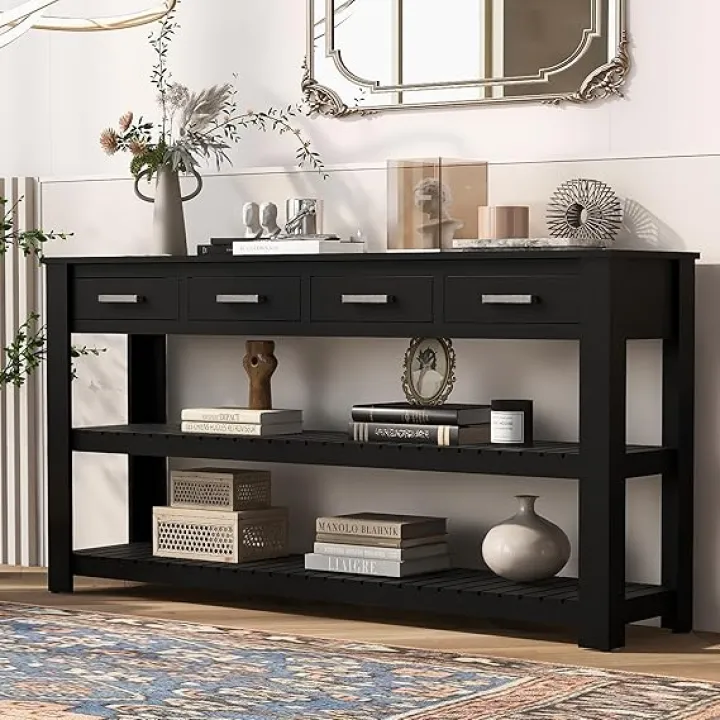 Vintage Minimalist Console Table with 4 Drawers and 2 Shelves, 62.2" L Wood Console Table Accent Side Table, Buffet Sideboard Storage Cabinet with Metal Handle for Living Room (Black * 60)