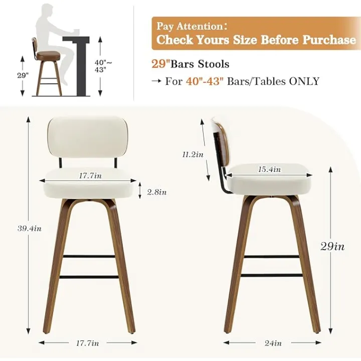 Swivel Bar Stools Set of 3, 29" Upholstered Faux Leather Barstools with Back and Bent Wood Legs, Mid Century Modern Bar Chair Island Stool for Kitchen Counter, Cream White