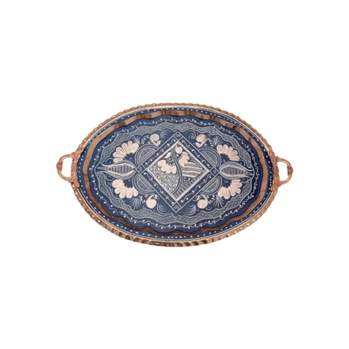 Decorative Copper Tray for Coffee Table, Coffee Bar, Serving Tray and Home Decor-Handmade Pure Copper Tray with Silver Ottoman Patterns (Black) (Dark Blue)