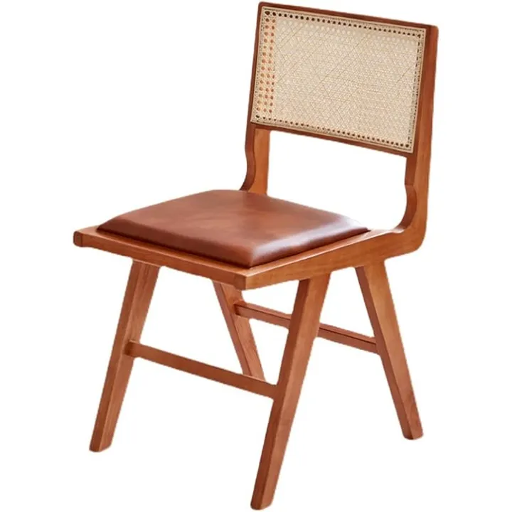 Dining Chairs, Bamboo Mid Century Kitchen Chairs with Rattan Backrest, Leather Seat Cushion, Wicker Side Chairs for Living Dining Room