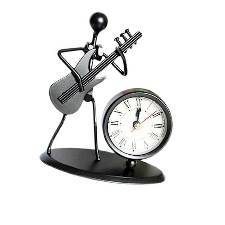 Cabilock Rtistic Guitar Clock Metal Desktop Decoration Craft Delicate Ornament Black