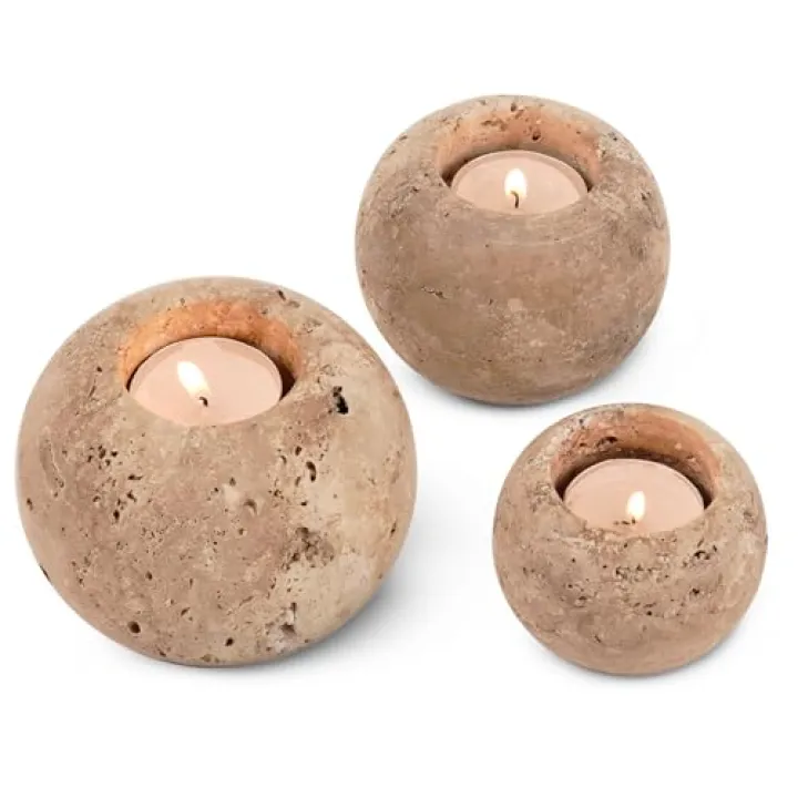 Radicaln Marble Tealight Candle Holder 4" Inch Travertine Handmade Decorative Votive Candle Holder for Valentine Gifts, Elegant Set of 3 Mini Candle Holders for Romantic Home Decor