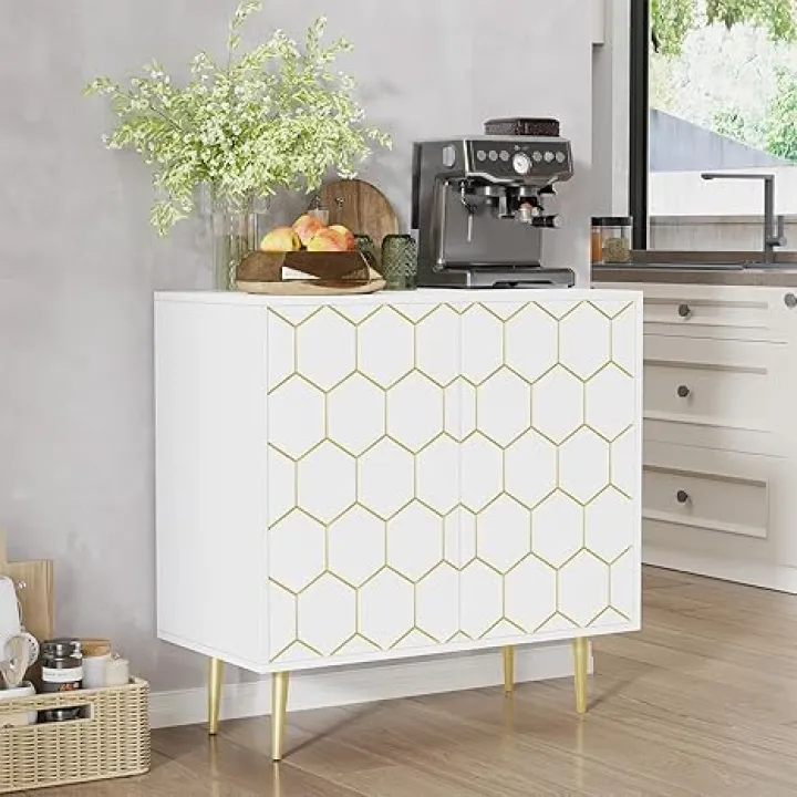 Sideboard Buffet Cabinet with 2 Doors, Modern Storage Cabinet with Shelves, Accent Credenza Cabinet for Living Room, Kitchen, Entryway, Honeycomb White