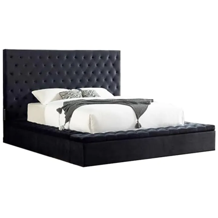 First of a Kind Modern Velvet Tufted upholstered Platform Storage Bed, Bed with deep Button Tufting and Storage Compartments in Rails and Footboard (Black, California King)