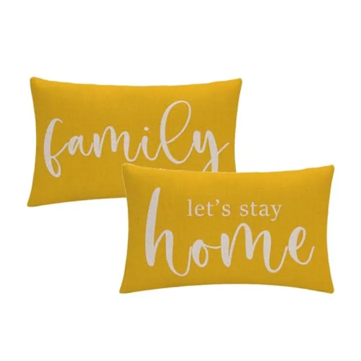 2Pack Farmhouse Lumbar Pillow Covers Yellow Nice Gift Inspirational Family Let's Stay Home Quotes Rectangular/Waist Cushion Covers Rustic Home Decor Pillowcase 12”×20”,For Housewarming Gifts(Yellow)