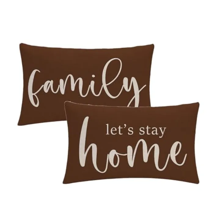 2Pack Farmhouse Lumbar Pillow Covers Brown Nice Gift Inspirational Family Let's Stay Home Quotes Rectangular/Waist Cushion Covers Rustic Home Decor Pillowcase 12”×20”,For Housewarming Gifts (Brown)