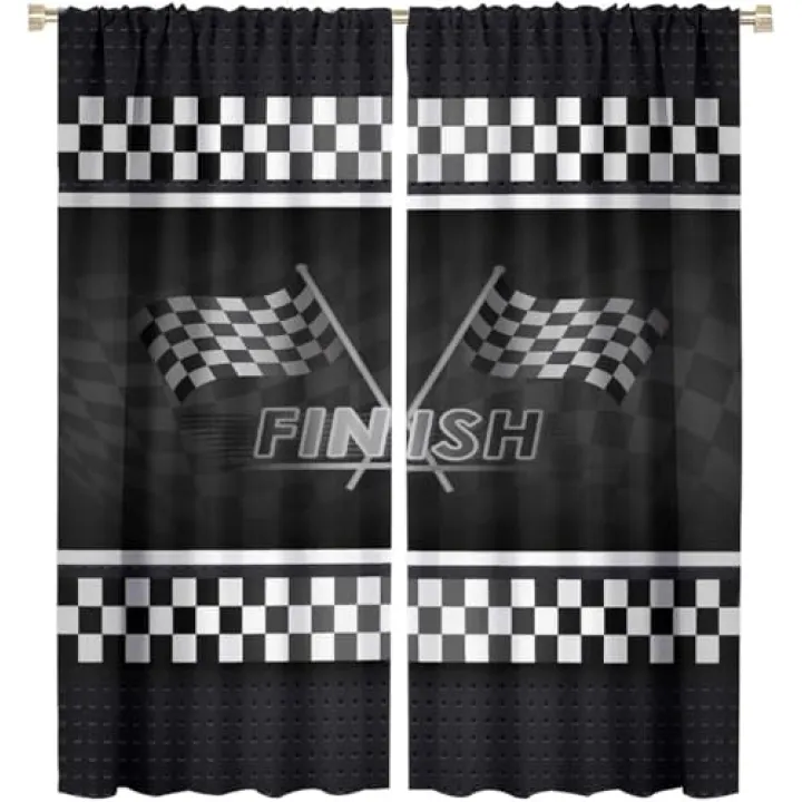 HZOHNAGO Racing Car Curtains Finish Race Flags Extreme Sports Themed Grid Black White Check Pattern for Kids Room Decoration Print Decor Rod Pocket Window Drapes for Bedroom Living Room 42x45in
