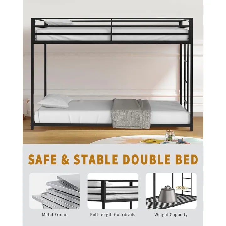 Twin Over Twin Bunk Bed - LifeSky Metal Low Profile Bunkbed with Side Ladder Black